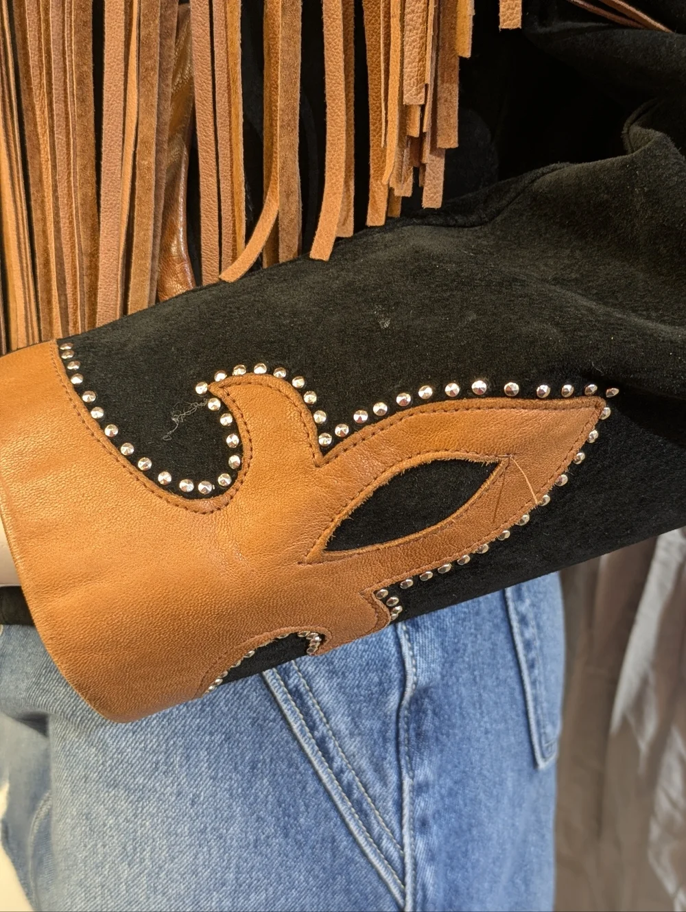 Vintage Diamond Leather Black And Brown Western Jacket Fringe Studs Made In USA - Picture 5 of 10